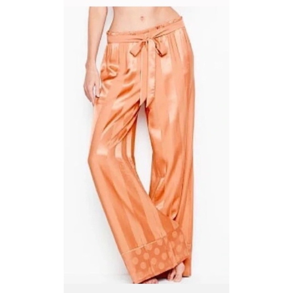 Victoria's Secret Pajama Pants Women Large Peach Satin‎ Striped Wide Leg